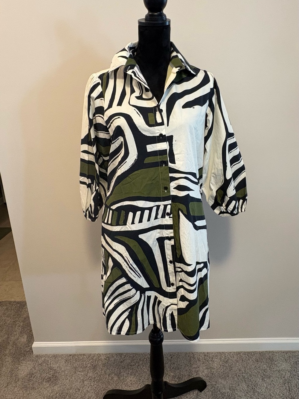 Maude Vicente Button-Front Abstract Print Shirt Dress in Olive & Blac NWT